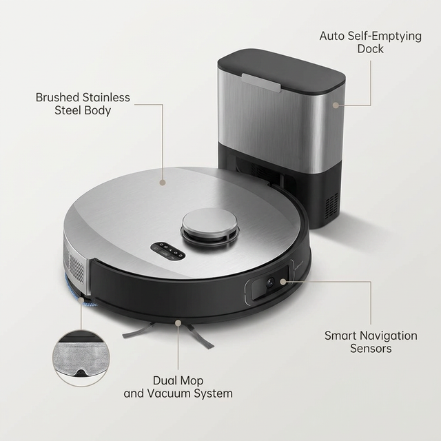 Open Box  PET24-7-913 Dustin Ultra Self-Emptying Robot Vacuum Cleaner and Mop, Stainless Steel — Lifestyle