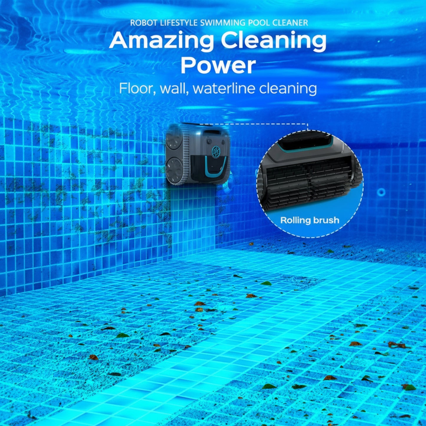 Robot Swimming Pool Cleaner Cordless APP Control Rechargeable Lithium Battery 6400Mah Route Planning for Tiles,Pvc,Mosaic,Cement