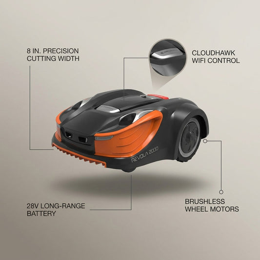 28-Volt 8 In. Cutting Width Robot Lawn Mower Revola X4E Mower, Brushless Wheel Motors, Cloudhawk App and Wifi Control — Lifestyle